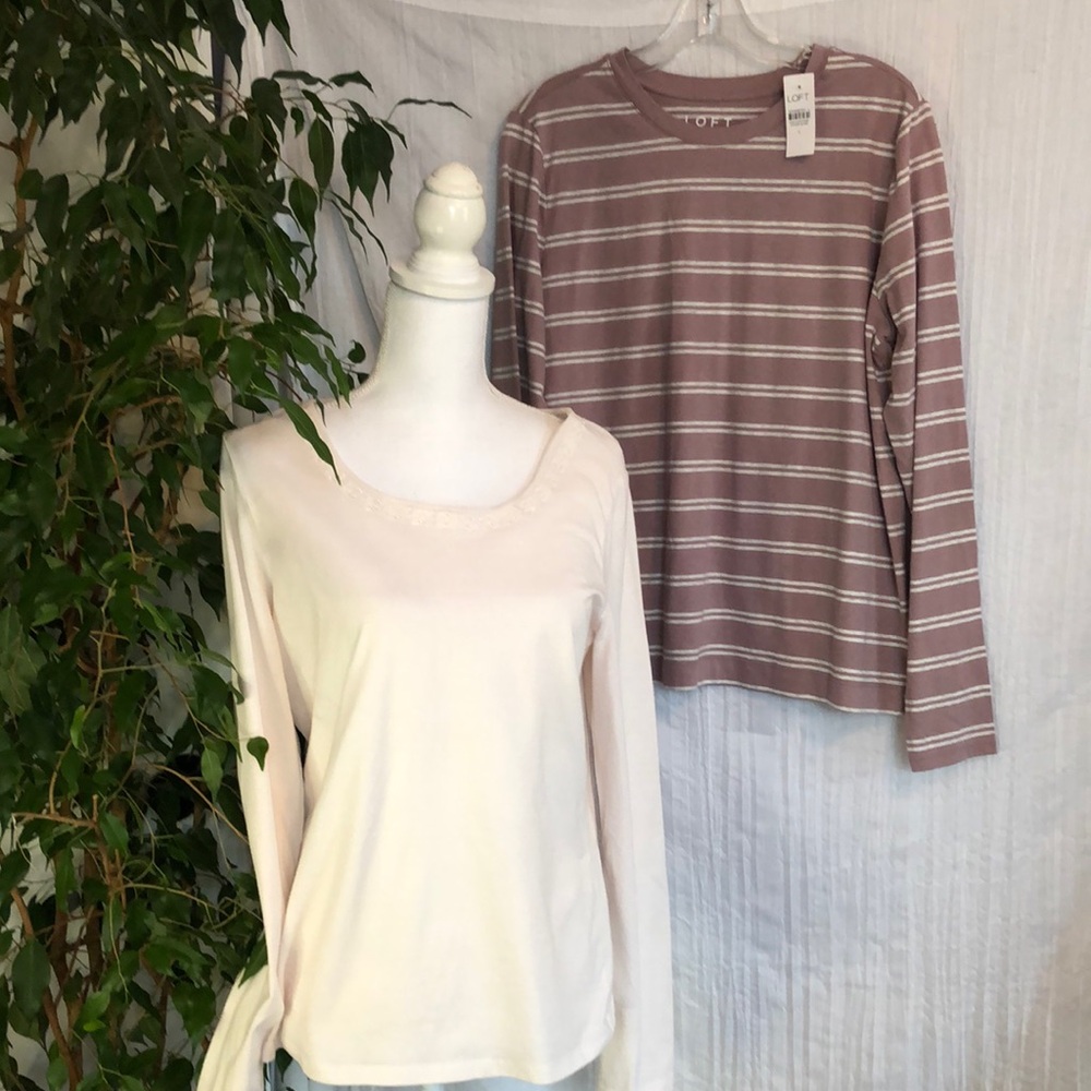 ANN TAYLOR & LOFT mauve cream striped NWT & cream w/beads neck lot 2 casual tops